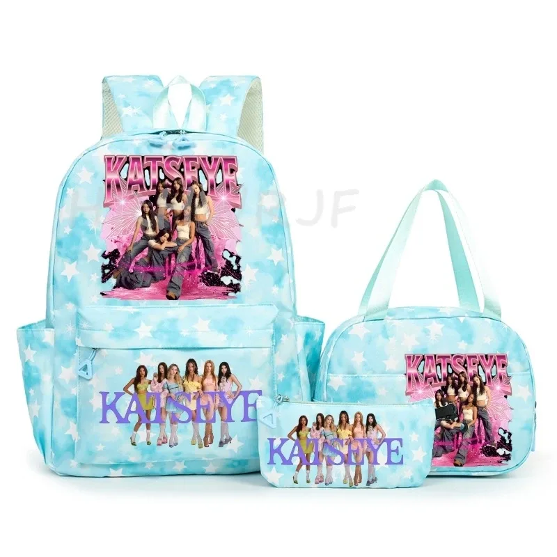 sac à dos katseye à thème musical, 3 pièces, imprimé étoiles roses, cartable amusant pour adolescents, étudiants, femmes, sac à dos pour ordinateur portable, sac de voyage mochila