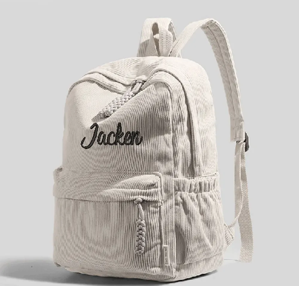 cartable personnalisé 2025 nouvelle mode velours côtelé fermeture éclair lisse nom unique personnalisé grande capacité sac à dos de voyage sac à dos de randonnée