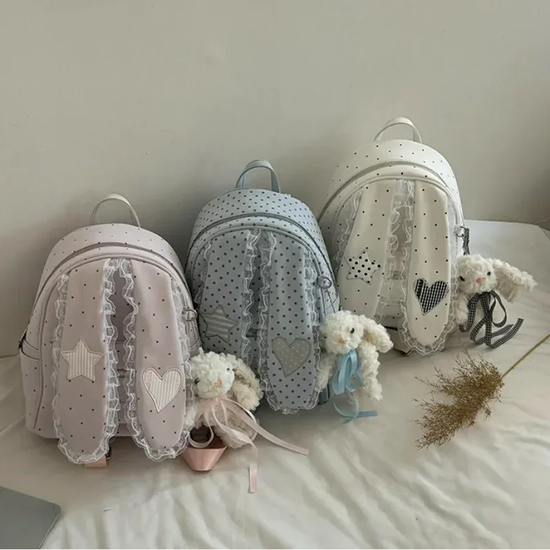 sac à dos créatif mignon avec oreilles de lapin, décor en dentelle à pois, style japonais lolita, sac à dos preppy pour fille, sac à main léger en nylon