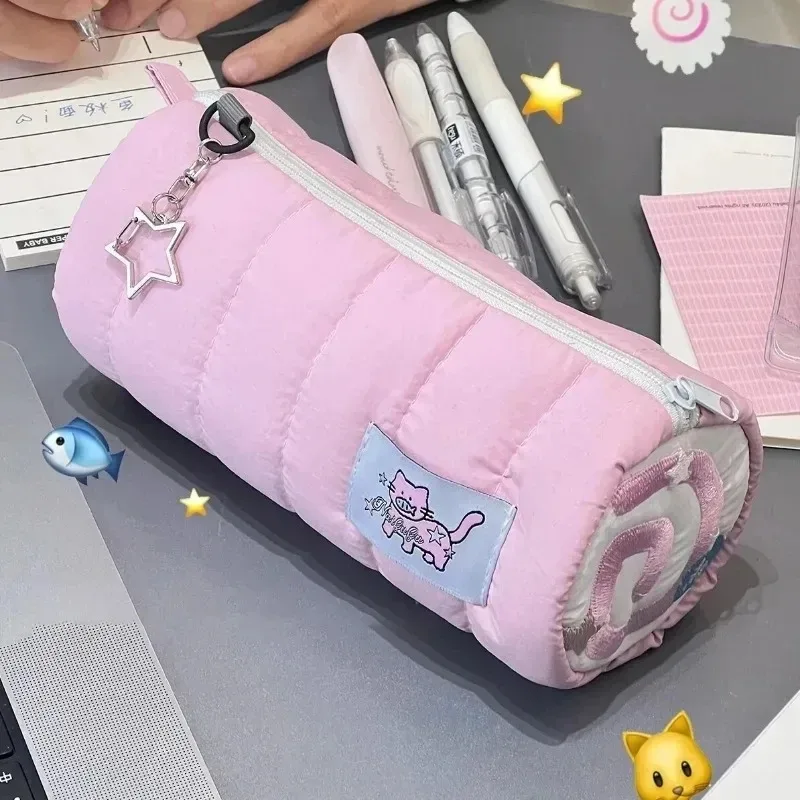 trousse à crayons en rouleau de serviette rose, sac de rangement pour stylos souples kawaii, pochette à cosmétiques, dessin animé, grande capacité, papeterie fournitures scolaires pour étudiants