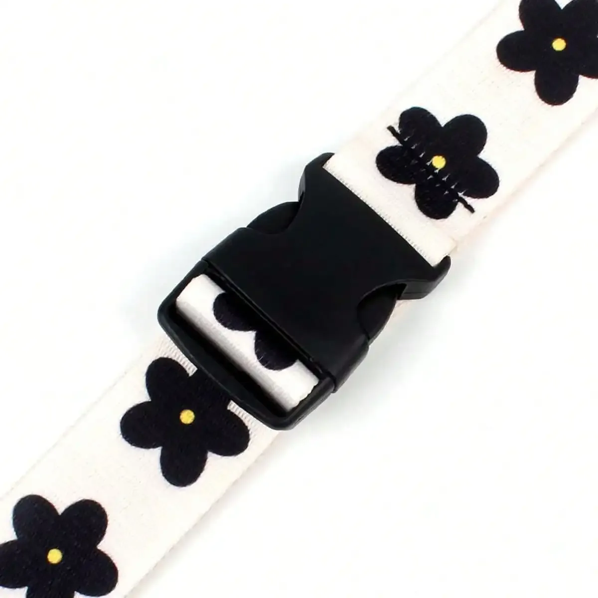 sangle à boucle en plastique pour bagages de voyage, sangle de bagage réglable à imprimé floral, fermeture à boucle, noir avec motif floral blanc