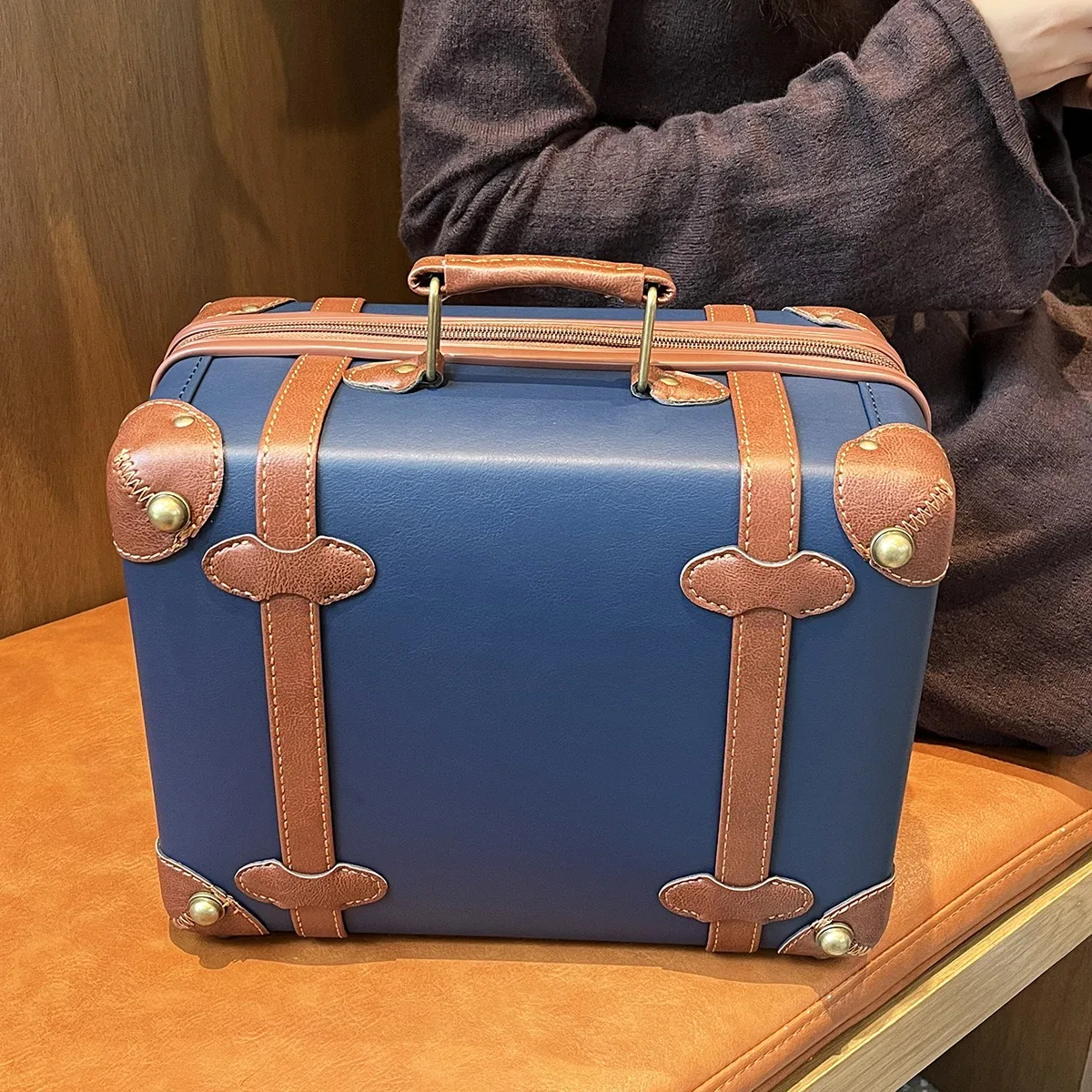 valise de voyage vintage en cuir bleu pour affaires, bagage à main 20 pouces + valise à roulettes 24 pouces, avec serrure tsa, style universitaire, unisexe