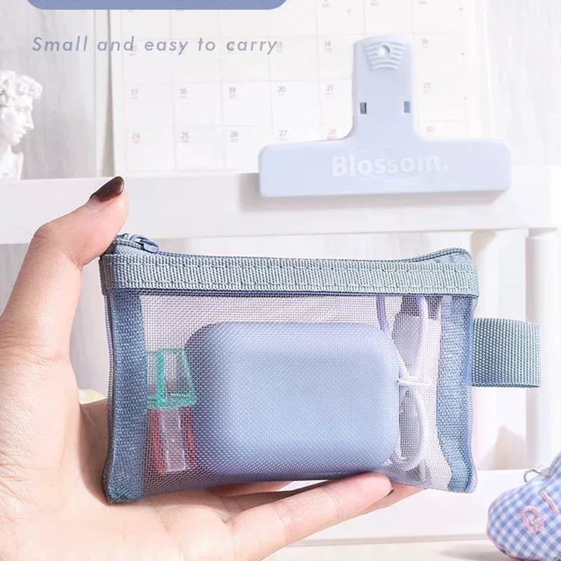 1 pièce nouvelle mini pochette de rangement portable en maille carrée avec fermeture éclair, porte-monnaie de voyage