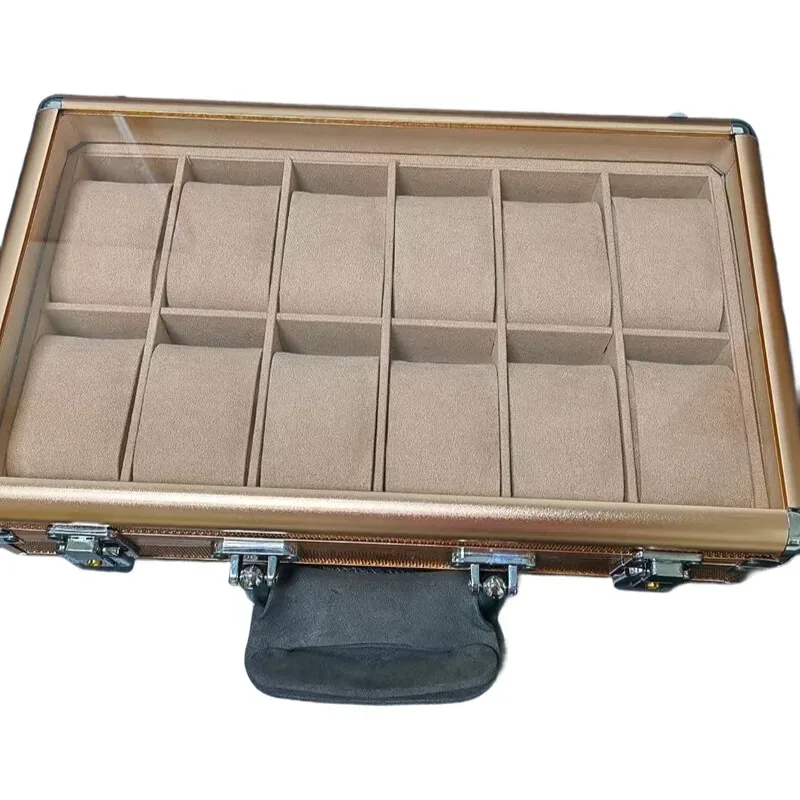 boîte de rangement de bijoux en aluminium à 12 fentes avec fenêtre, organisateur de boîtier de montre de luxe à lumière supérieure transparente pour porte-documents de montres