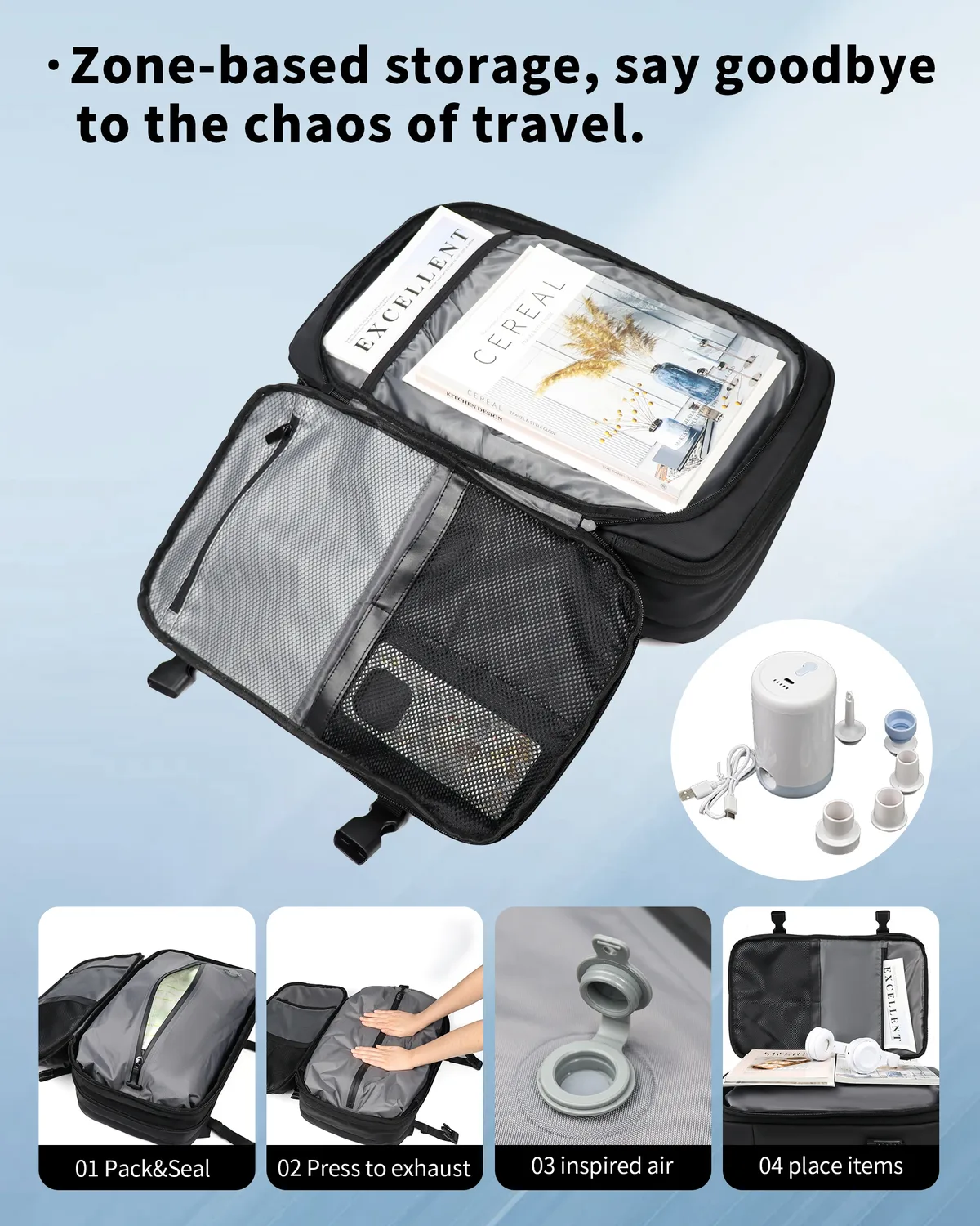 sac à dos de voyage 60l extensible avec système de compression d'air et serrure tsa, bagage cabine