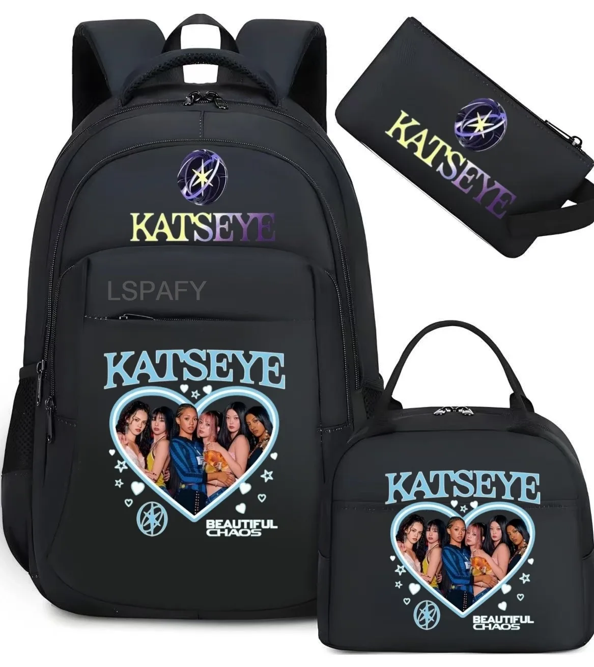 sacs d'école imprimés fashion katseye, ensemble de 3 pièces, sac à dos pour l'école primaire, garçons et filles, sac à dos de sport avec sac à lunch et trousse à crayons