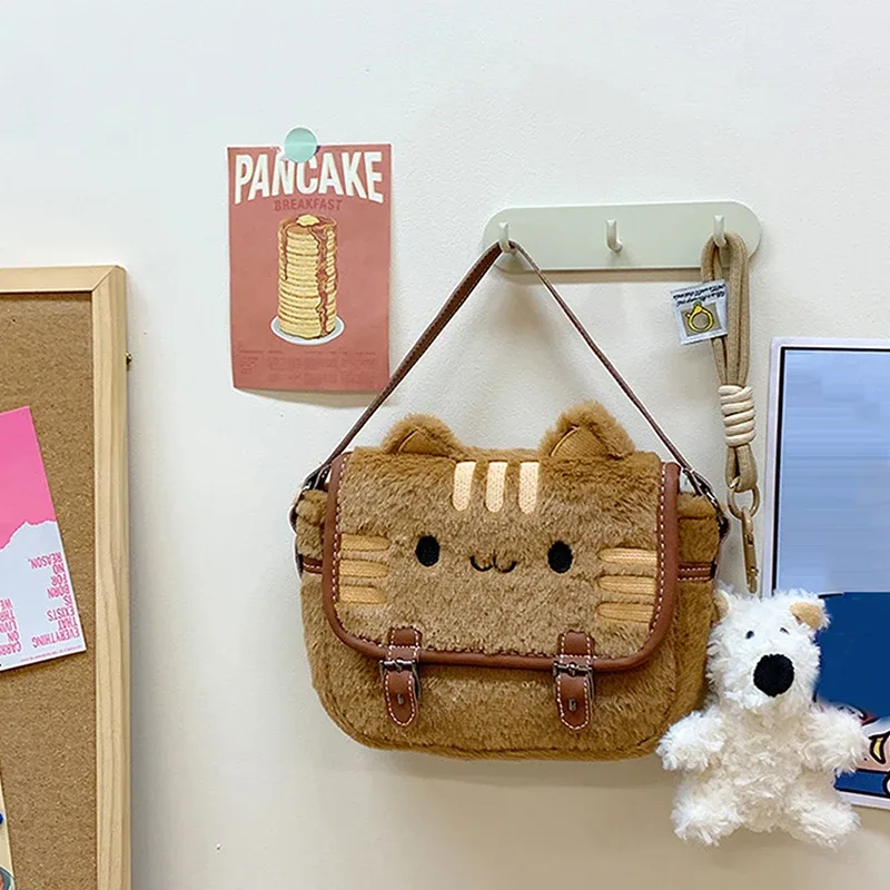 sac messager en peluche pour femme, joli sac à main de dessin animé, visage de chat mignon, sacs à bandoulière initiés