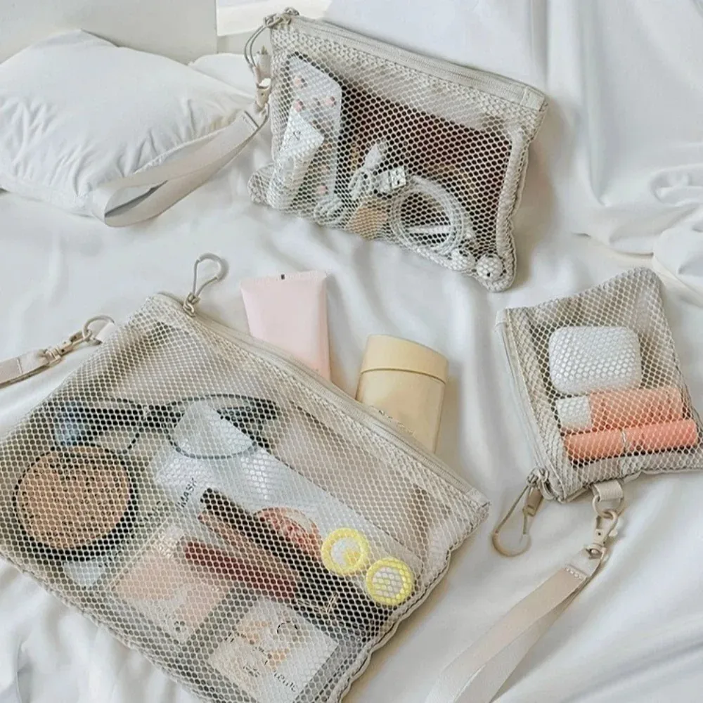 sac de rangement en maille légère, trousse de toilette en polyester avec fermeture éclair, sac à cosmétiques multifonctionnel de couleur unie, utilisation polyvalente