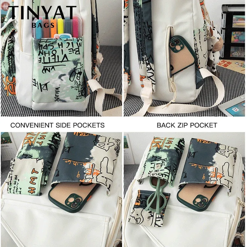 tinyat sac à dos d'école en toile vintage pour filles, sac à livres esthétique avec poches cachées, sac d'université léger pour le sport, la salle de sport