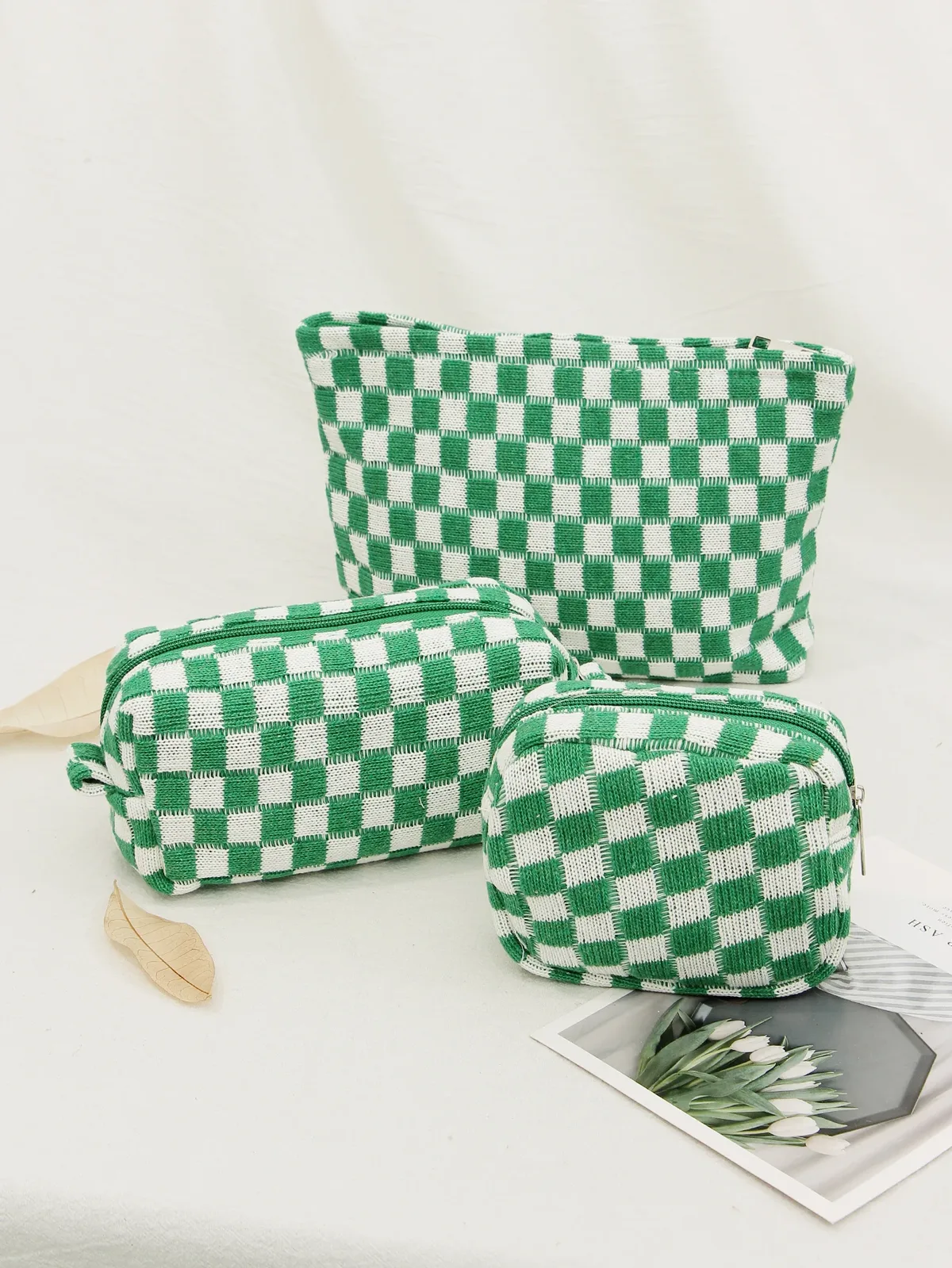 sac à cosmétiques en damier, sac de rangement de toilette tricoté, pochette de maquillage colorée, organisateur, sac à cosmétiques à motif à carreaux