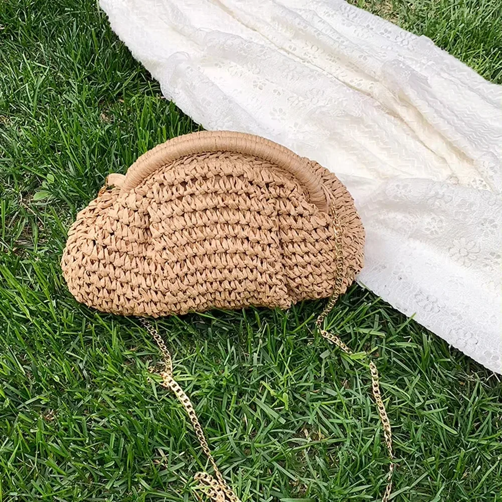 sac tissé en paille pour femmes, pochette en paille avec sangle en chaîne, sac à bandoulière élégant de grande capacité, couleur unie pour la plage d'été