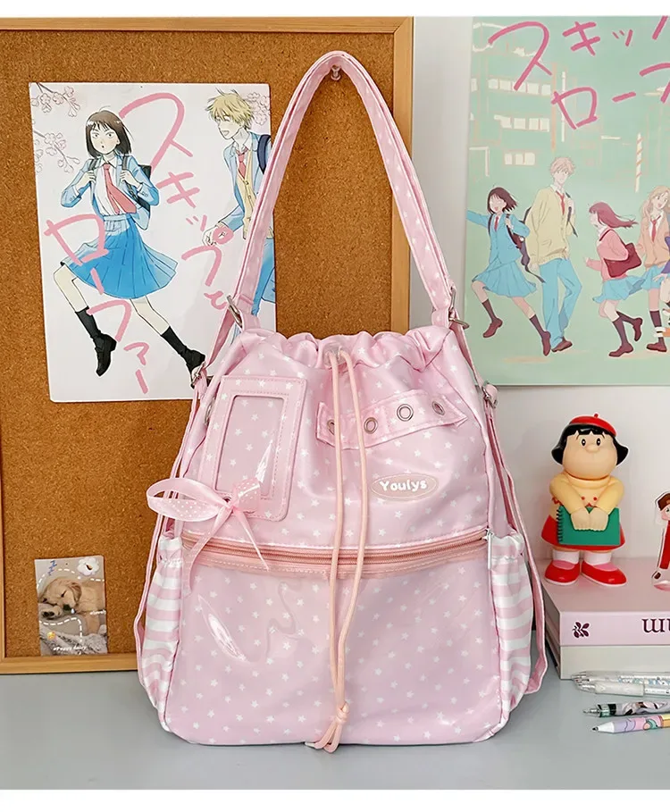 sac à dos ita mignon à pois avec cordon de serrage et poche transparente pour pince, sac multifonctionnel pour l'école, les trajets et les sorties