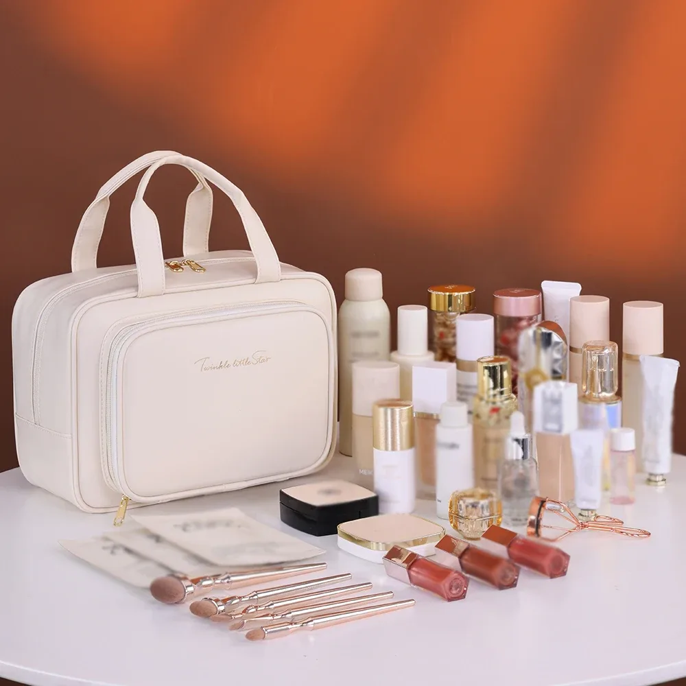 sac à cosmétiques en pu de grande capacité, organisateur de maquillage portable, options pour les voyages et l'usage quotidien, rangement pour cosmétiques et articles de toilette