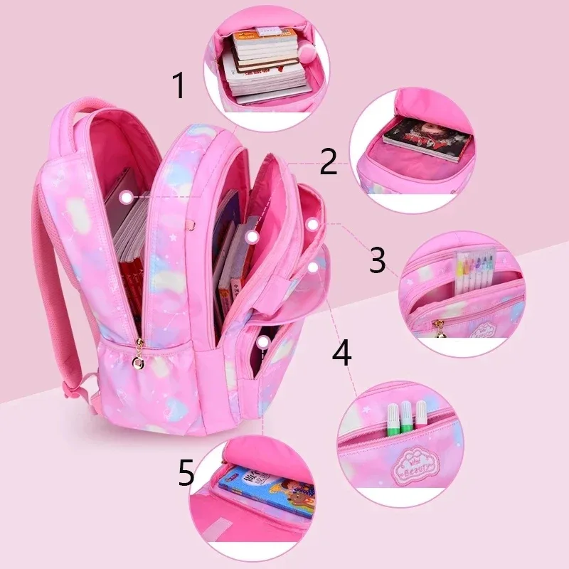 sac à dos d'école à motif nuage, rose, violet, bleu, style princesse, mignon, imperméable, kawaii