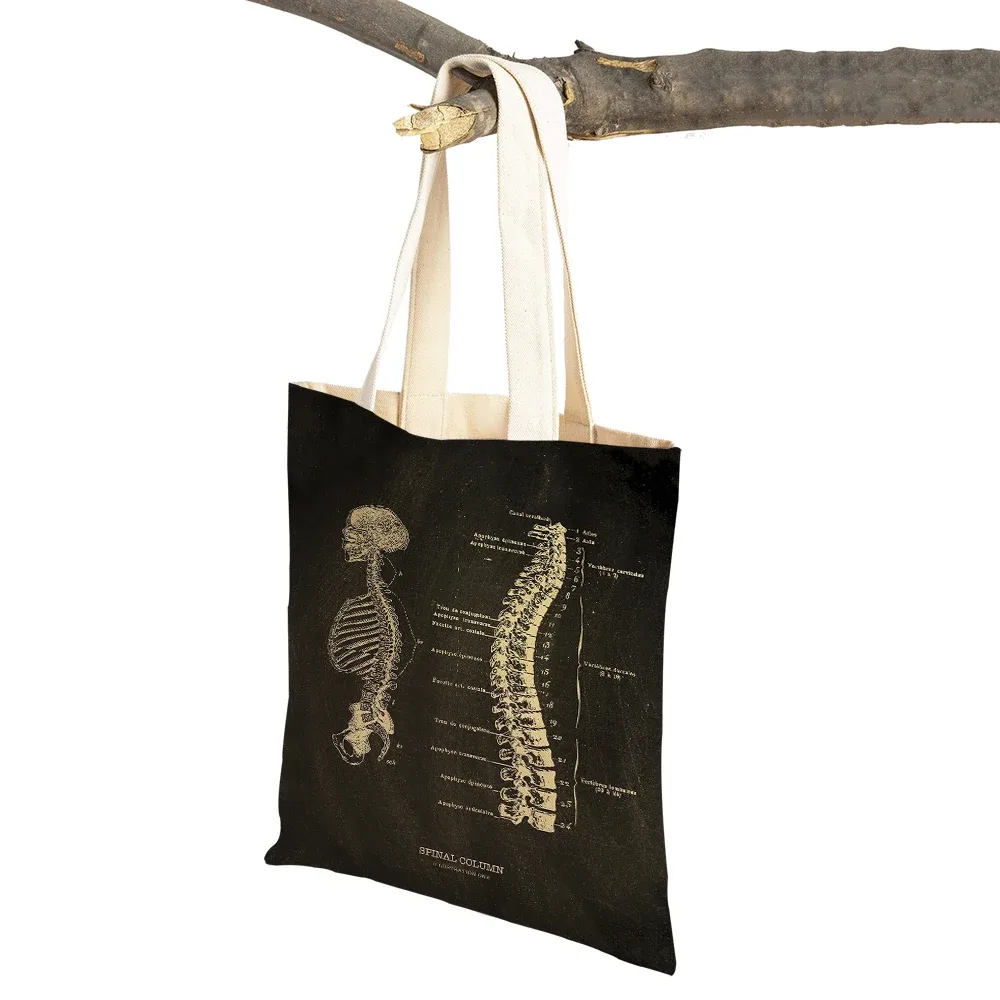 vintage squelette anatomique tableau crâne shopper sac fourre-tout dame sac à main décontracté toile coeur double impression femmes sacs à provisions