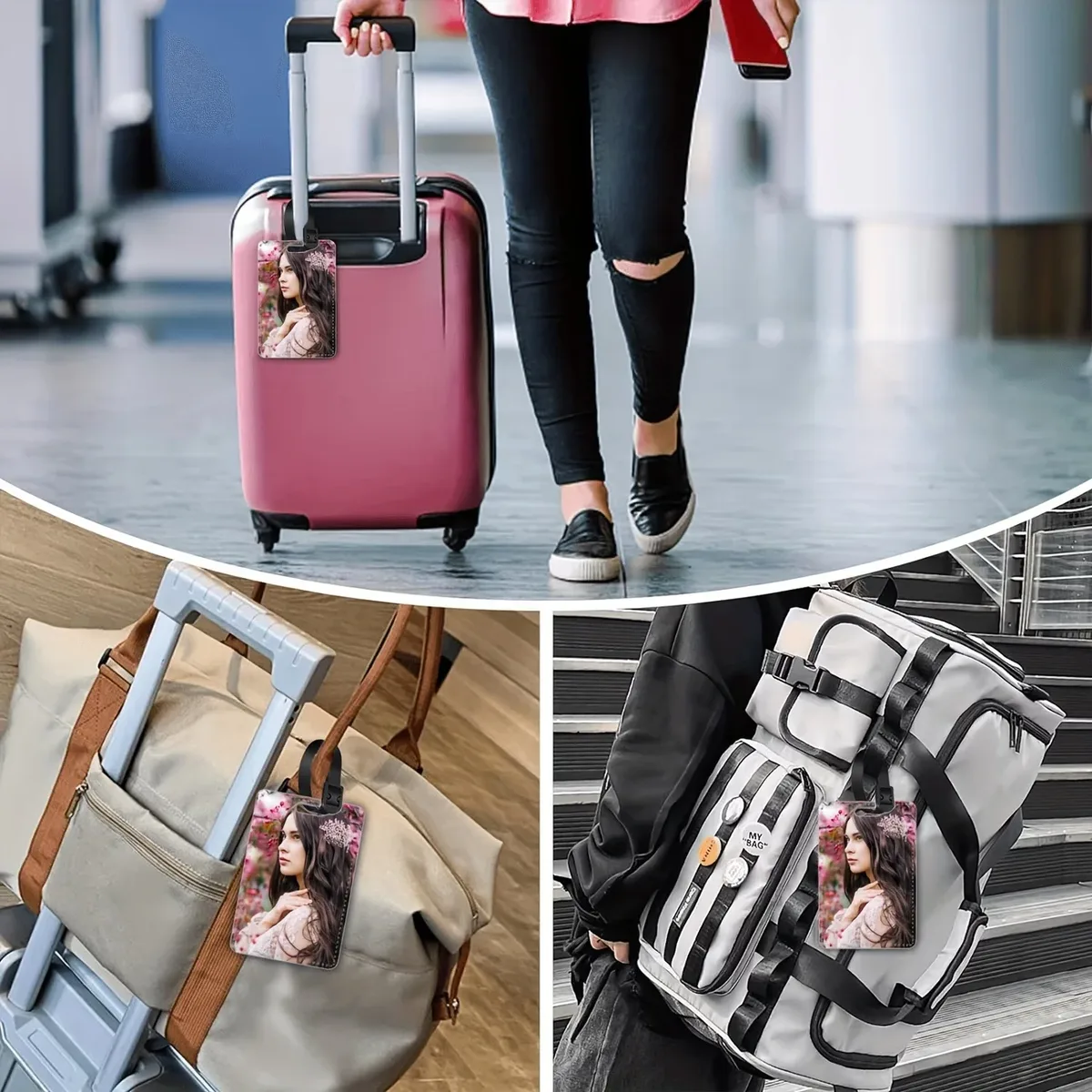 étiquettes de bagages personnalisées avec photos personnalisées - convient aux valises, aux sacs à dos et aux sacs à main. porte-documents de voyage en pu durable