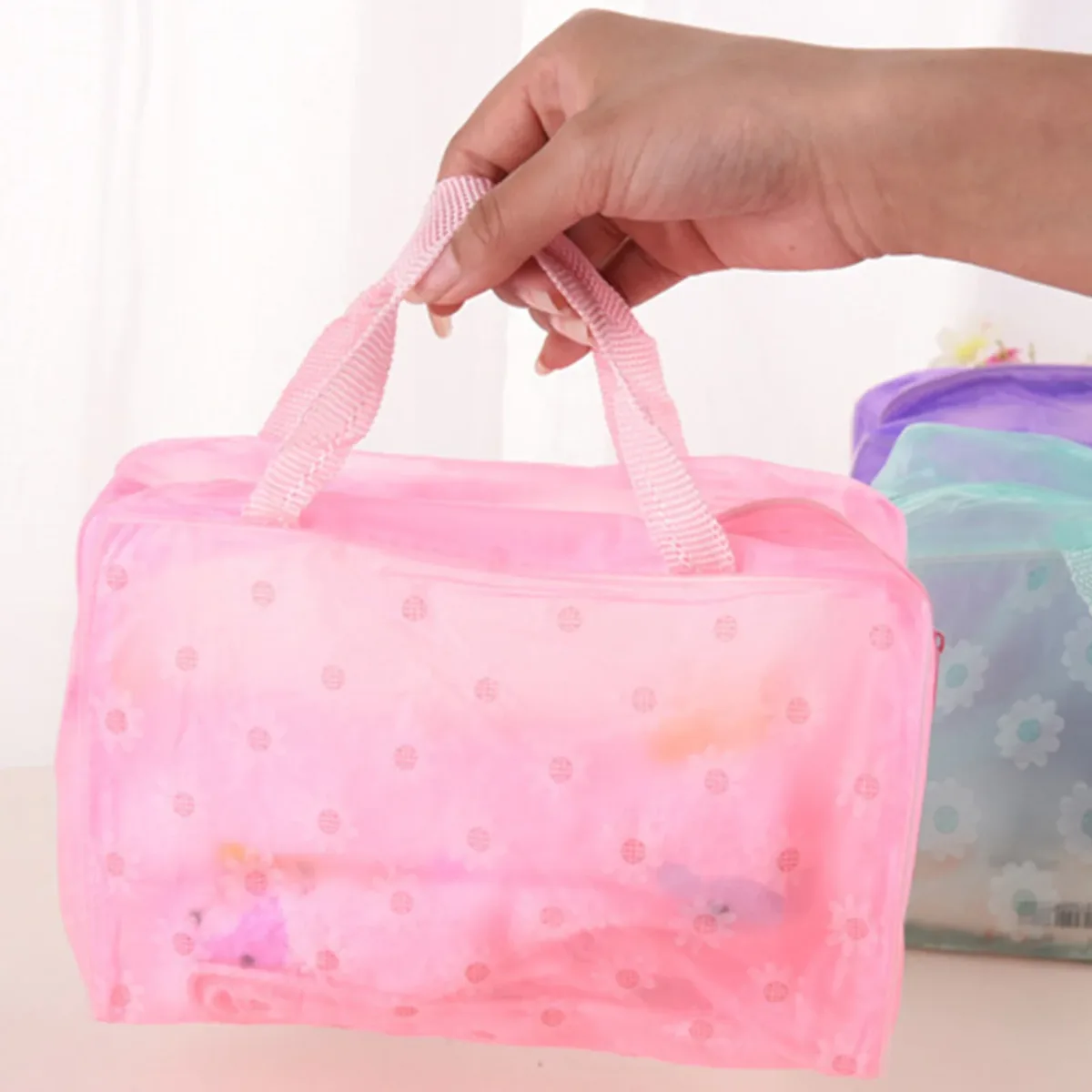Sac de maquillage transparent étanche en PVC, avec fermeture éclair et poignée, pour voyage, salle de bain, rangement, organisateur de cosmétiques