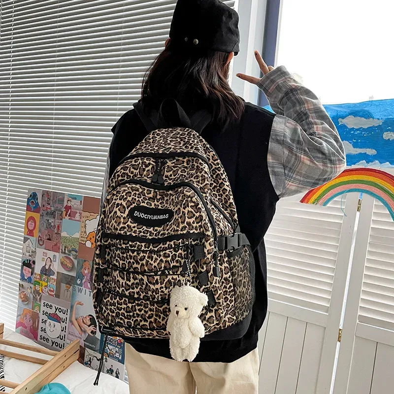 sac à dos vintage à imprimé léopard, grande capacité, sac d'école avec poche latérale en maille, pour étudiants, voyages, streetwear