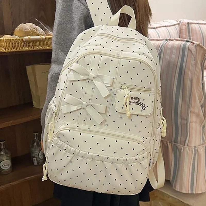 Nouveau sac à dos pour filles à pois avec nœud, grande capacité, en nylon, pour étudiantes, multi-compartiments, antivol, pour ordinateur portable et voyage