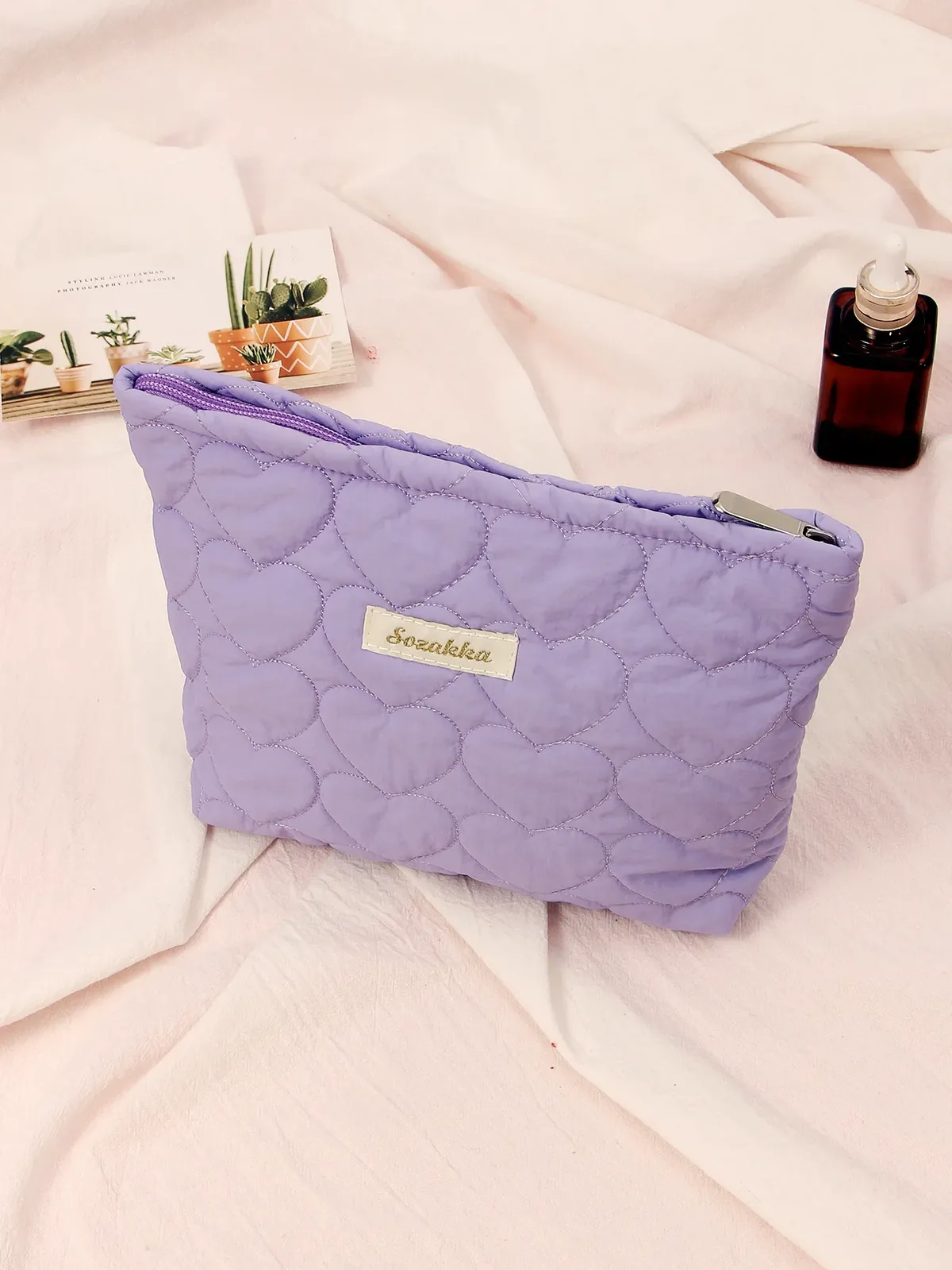 sac de maquillage matelassé en forme de cœur pour femmes, macaron, grande capacité, mignon, pochette de rangement de cosmétiques, sac à main de voyage