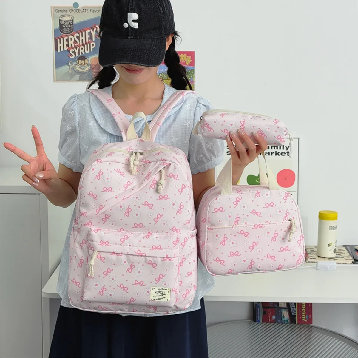 ensemble de sacs à dos trois pièces en nylon léger à imprimé floral avec nœud, grande capacité, pour filles, idéal pour le campus et les étudiantes