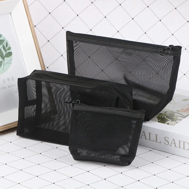 trousse de maquillage en maille transparente noire pour femme, trousse de toilette décontractée à fermeture éclair, trousse à cosmétiques de voyage, 1 pièce