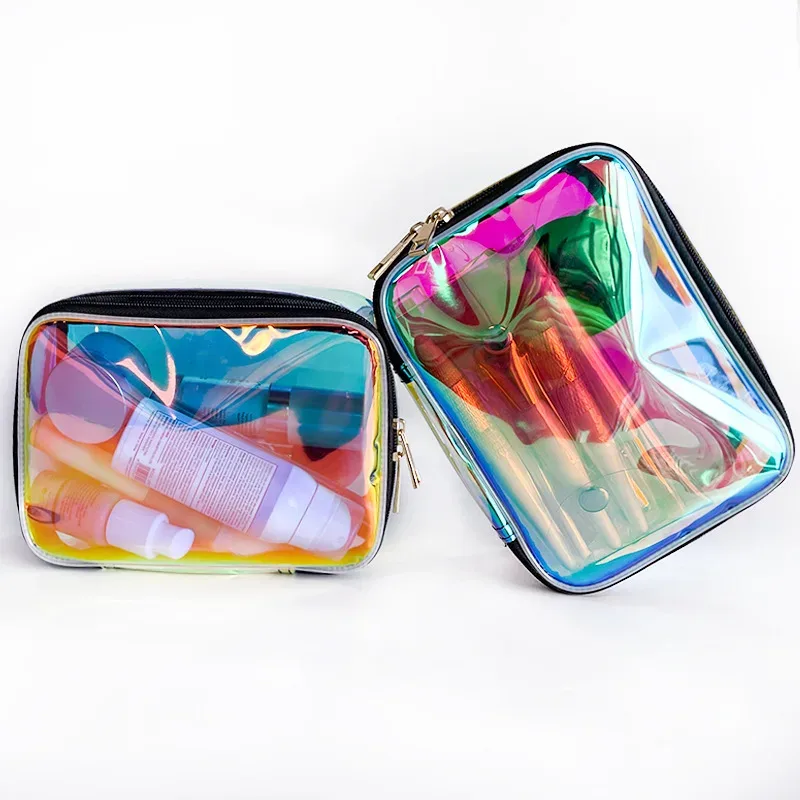 nouveauté sacs à cosmétiques irisés holographiques clairs sac de toilette de voyage étanche holographique tran