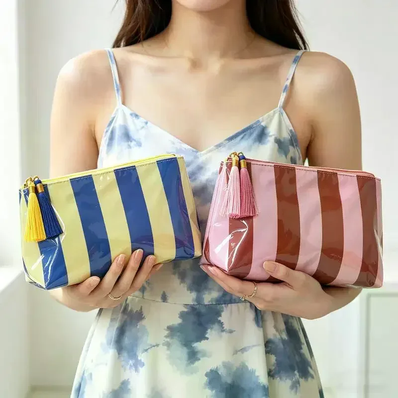 pochette cosmétique rayée en pvc avec franges et fermeture éclair, trousse de toilette imperméable, étui pour pinceaux de maquillage