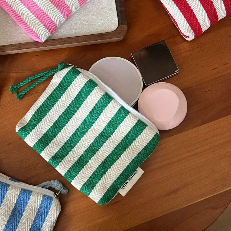 petite trousse de maquillage, mini sacs organisateurs en toile rayée pour femmes, étui à rouge à lèvres, trousse de maquillage, porte-monnaie mignon pour enfants