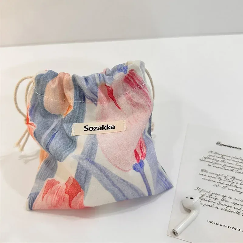 sac de maquillage mignon, cadeau de noël, organisateur de bijoux de bonbons, sac de rangement floral en coton et lin, pochette de rangement de finition pour femmes
