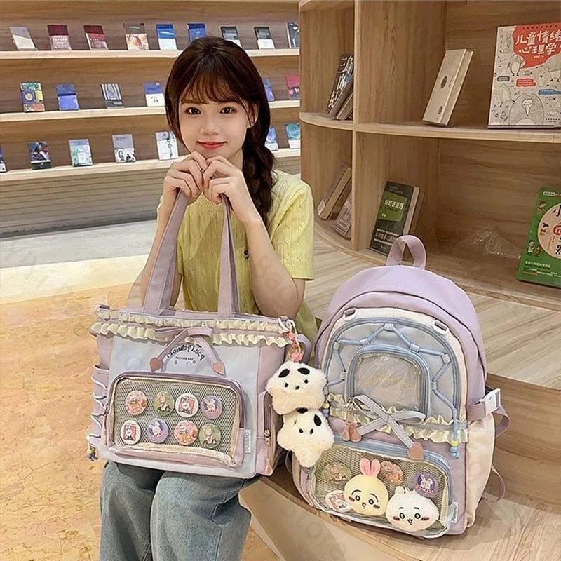 sac à dos ita bag kawaii, sac à bandoulière, ensemble de deux pièces, sac à dos scolaire pour badges et épingles d'anime, sacs à dos transparents pour étudiants