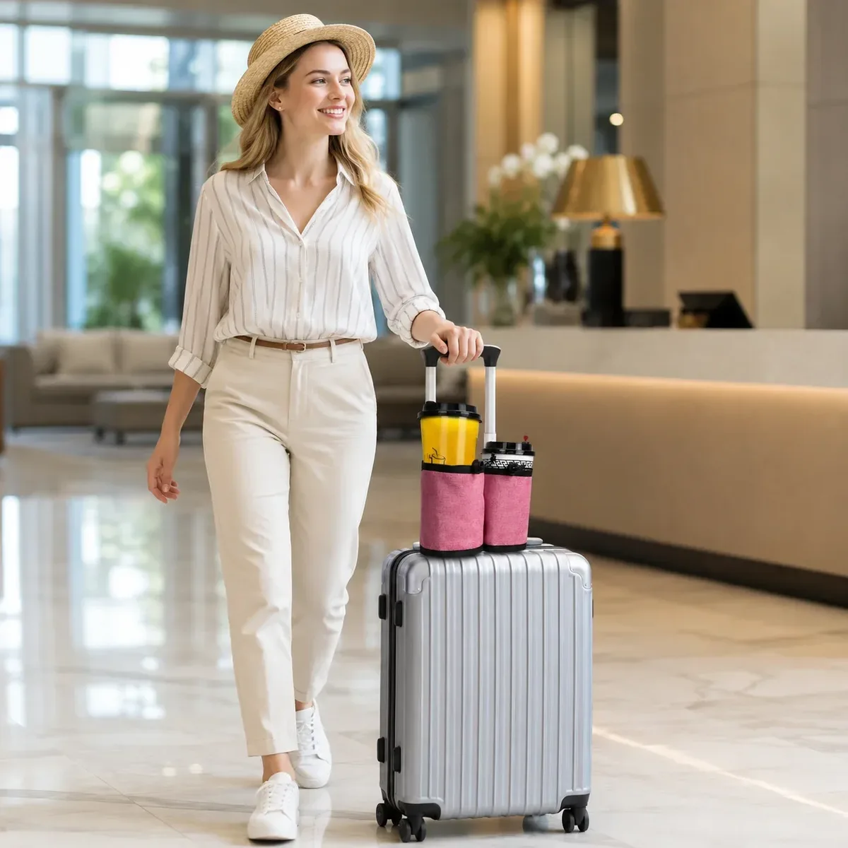 porte-gobelet de voyage pour bagages, support de boisson pour poignée de valise, manchon à double poche en polyester pour l'aéroport, les voyages et le rangement quotidien