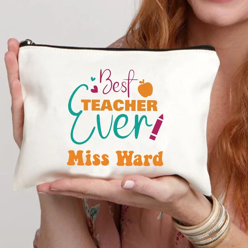 trousse de maquillage personnalisée avec nom de l'enseignant, sac à main pour femme, meilleur cadeau de graduation pour les enseignants, trousse à crayons, cadeau de retour à l'école