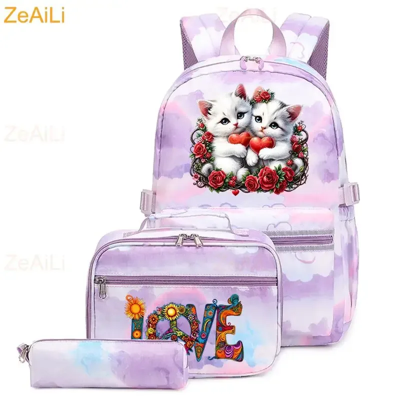 lot de 3 sacs à dos mignons pour étudiants et adolescents, motif patte de chien et chat, couleur violette, avec sac à déjeuner, sac de voyage coloré, sacs d'école pour garçons et filles, ensembles de mochilas
