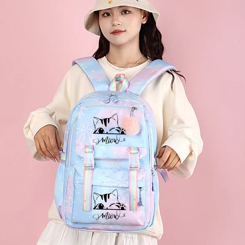 Sac à dos scolaire rose pour filles, adolescents, femmes et enfants, motif chat anime, pour l'école primaire et secondaire
