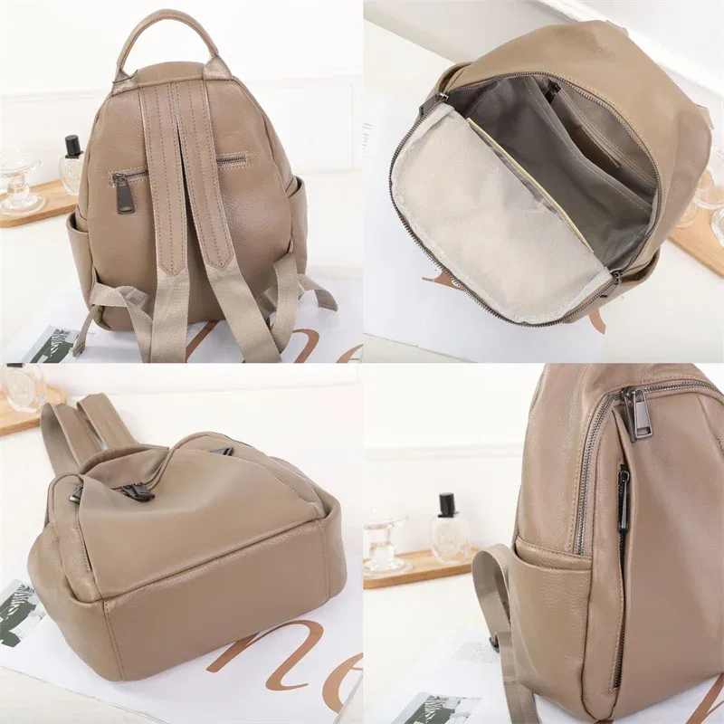 sac à dos décontracté en cuir véritable pour femmes et filles, sac à bandoulière d'école à la mode, motif solide, sac de voyage en cuir de vache