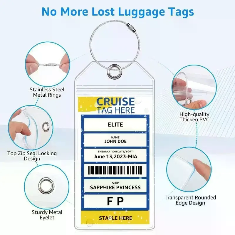 étiquette de bagage multifonctionnelle pour bateau de croisière, boucles en fil d'acier, porte-carte d'identité vertical en pvc transparent, étanche, étiquette de voyage, 5 pièces