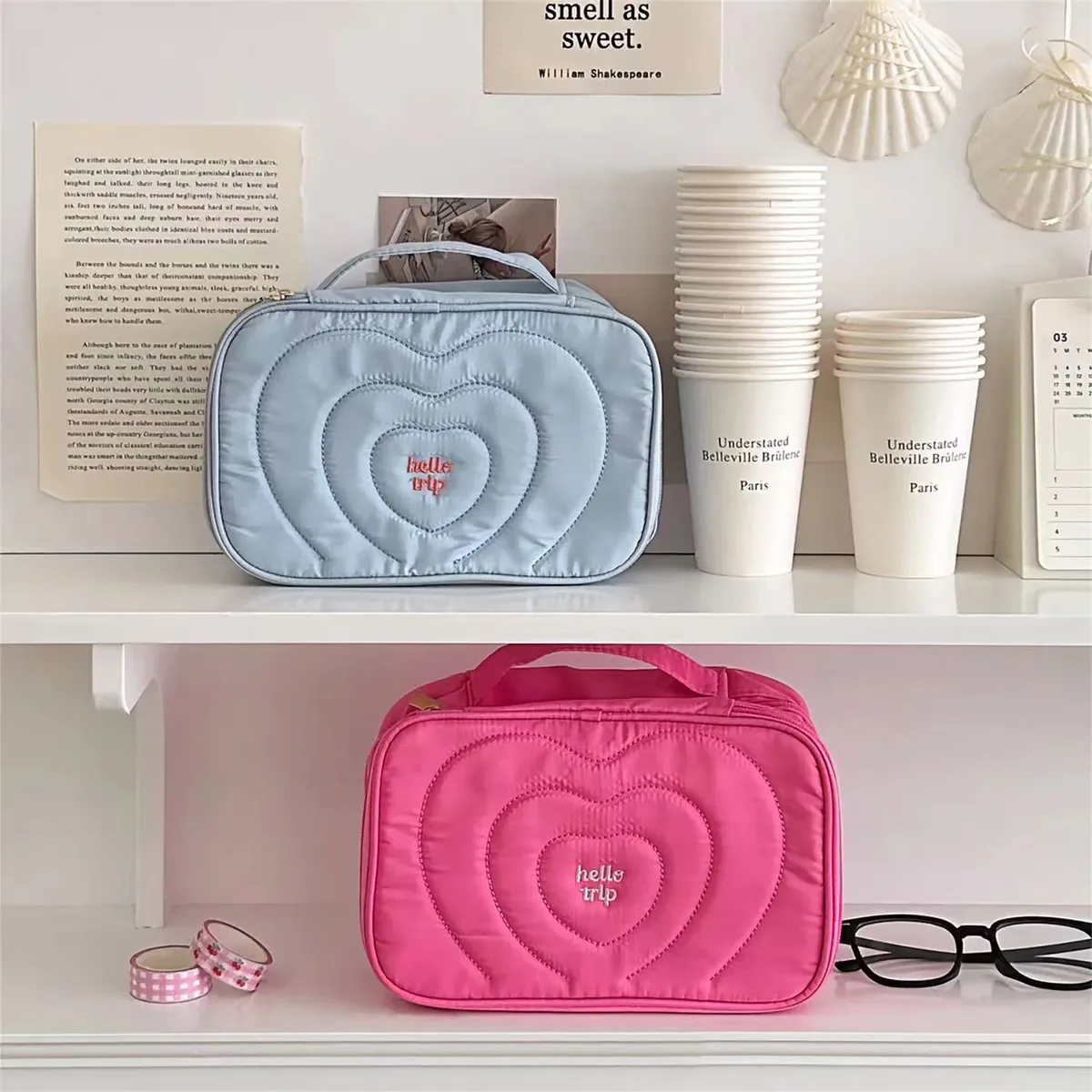 nouvelle trousse de maquillage portable à plusieurs compartiments, grande capacité, brodée, avec rabat, sac de toilette portable au motif sel marin, sac de voyage.