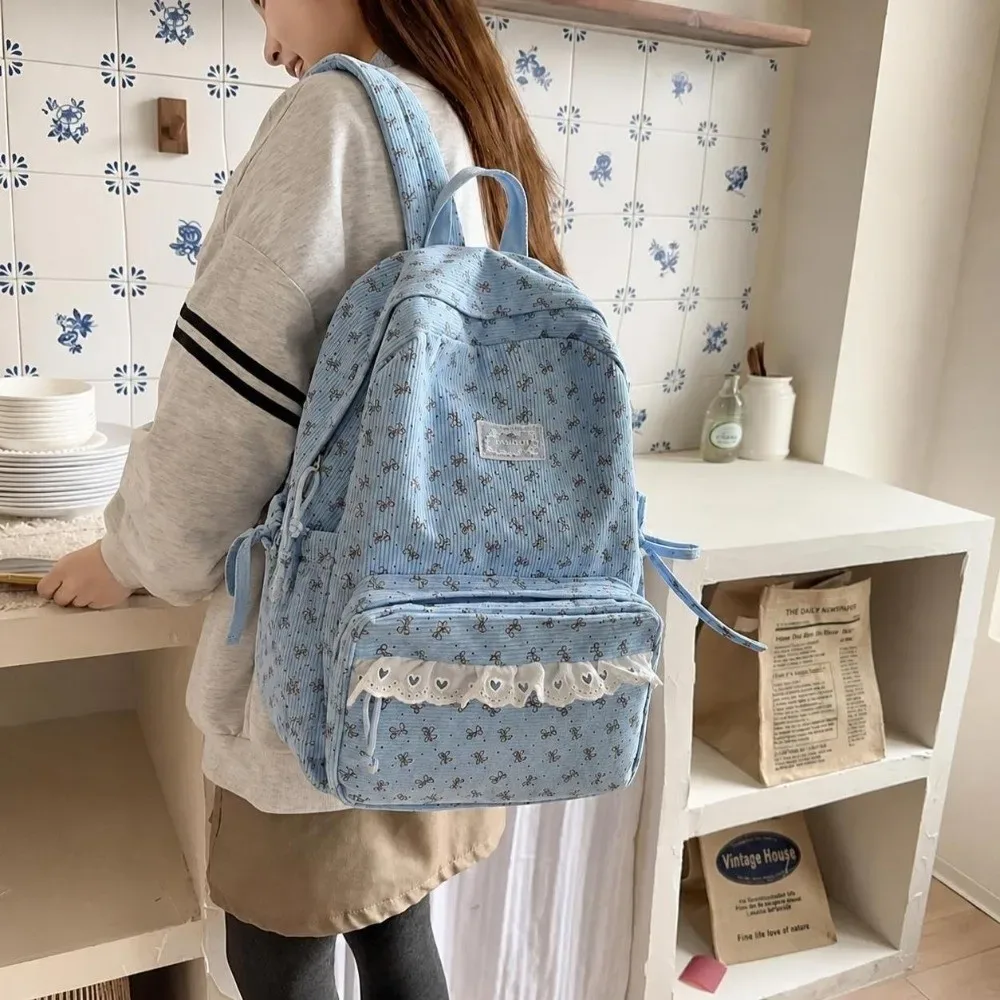 sac à dos en velours côtelé de style coréen, style preppy, grande capacité, sac à dos pour étudiants, bordure en dentelle, nœud papillon, motif à pois