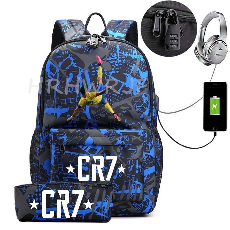 sac à dos usb cr7 pour femmes et hommes, sac à dos de voyage décontracté anti-vol, sacs d'école pour adolescents avec capacité pour ordinateur portable, avec trousse à crayons, 2 pièces