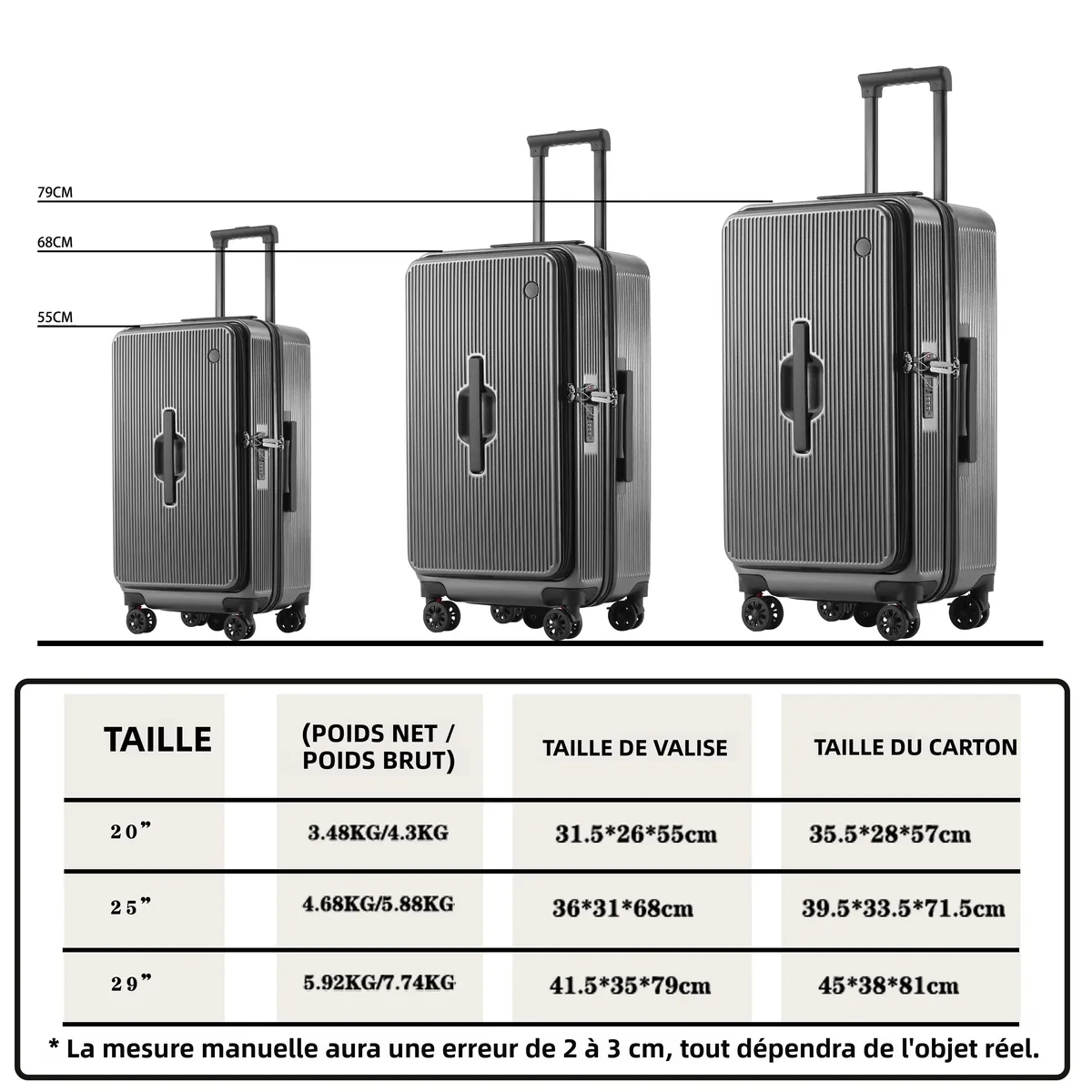valise premium pure pc à double ouverture 20/25/29 pouces avec serrure tsa, compartiment de rangement 1:9/3:7, valise de voyage à 4/5 roues pivotantes pour toutes les voyages