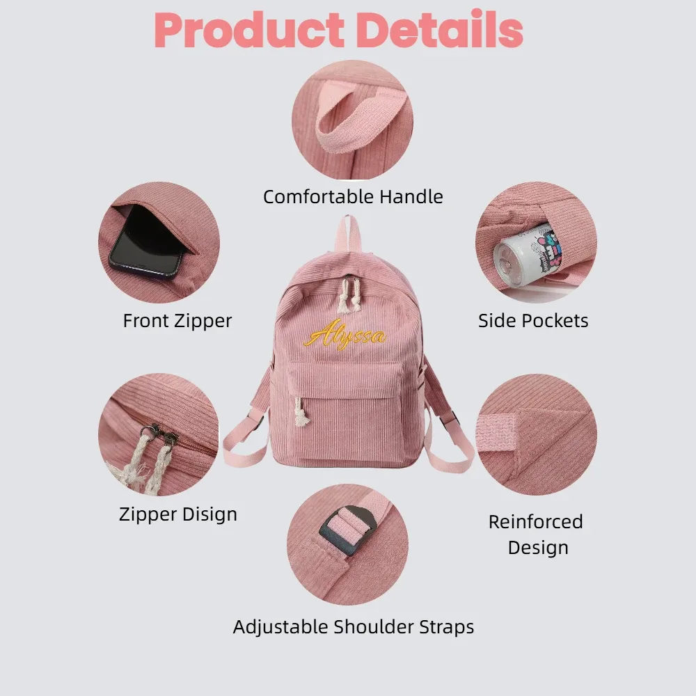 sac à dos personnalisé en velours côtelé avec broderie de nom en corde de coton – cadeau de rentrée scolaire pour enfants, filles et garçons