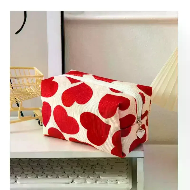 sac à cosmétiques en velours côtelé pour femmes, pochette de maquillage portable de voyage, sac de rangement de toilette de lavage, sac à main organisateur de crayons mignon