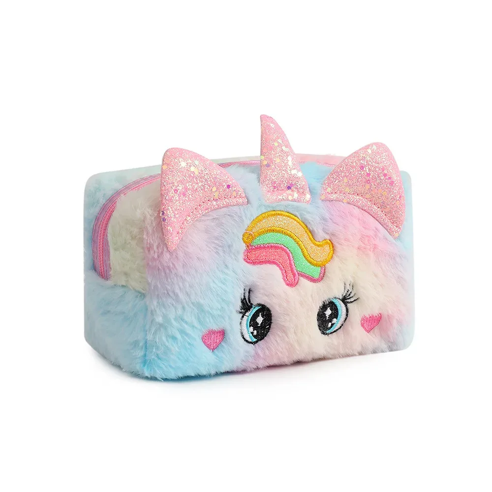 dessin animé licorne grands yeux en peluche trousse de maquillage fille mignon transporter voyage trousse de toilette étudiant papeterie stylo sac pour l'organisation de voyage