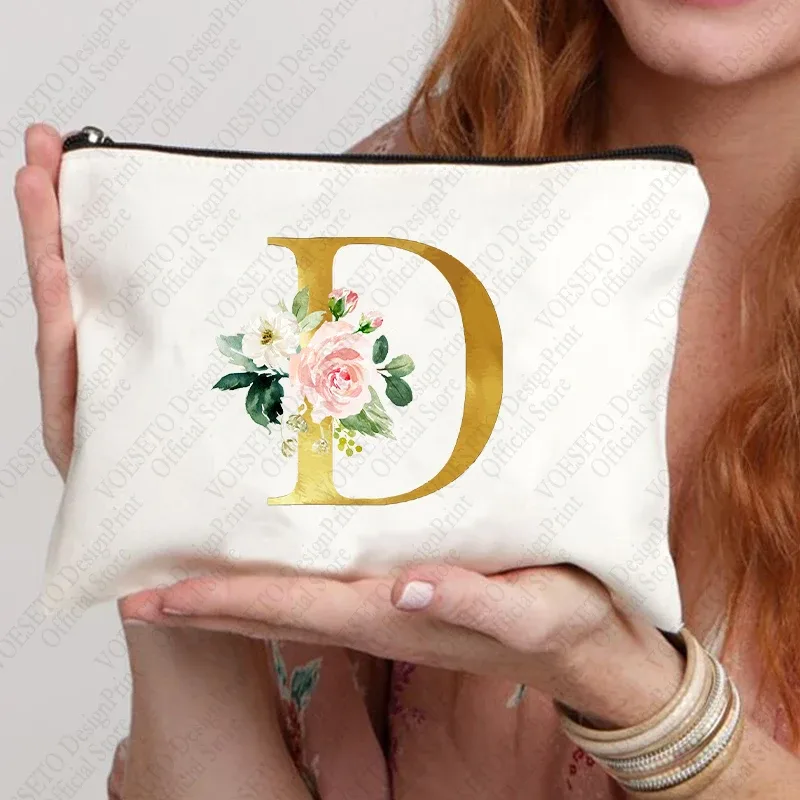 sac à fermeture éclair à motif initial pour femme, trousse de maquillage cosmétique, poudres de toile de bain de mariage, sacs de rouge à lèvres de voyage, cadeau de fête d'enterrement de vie de jeune fille