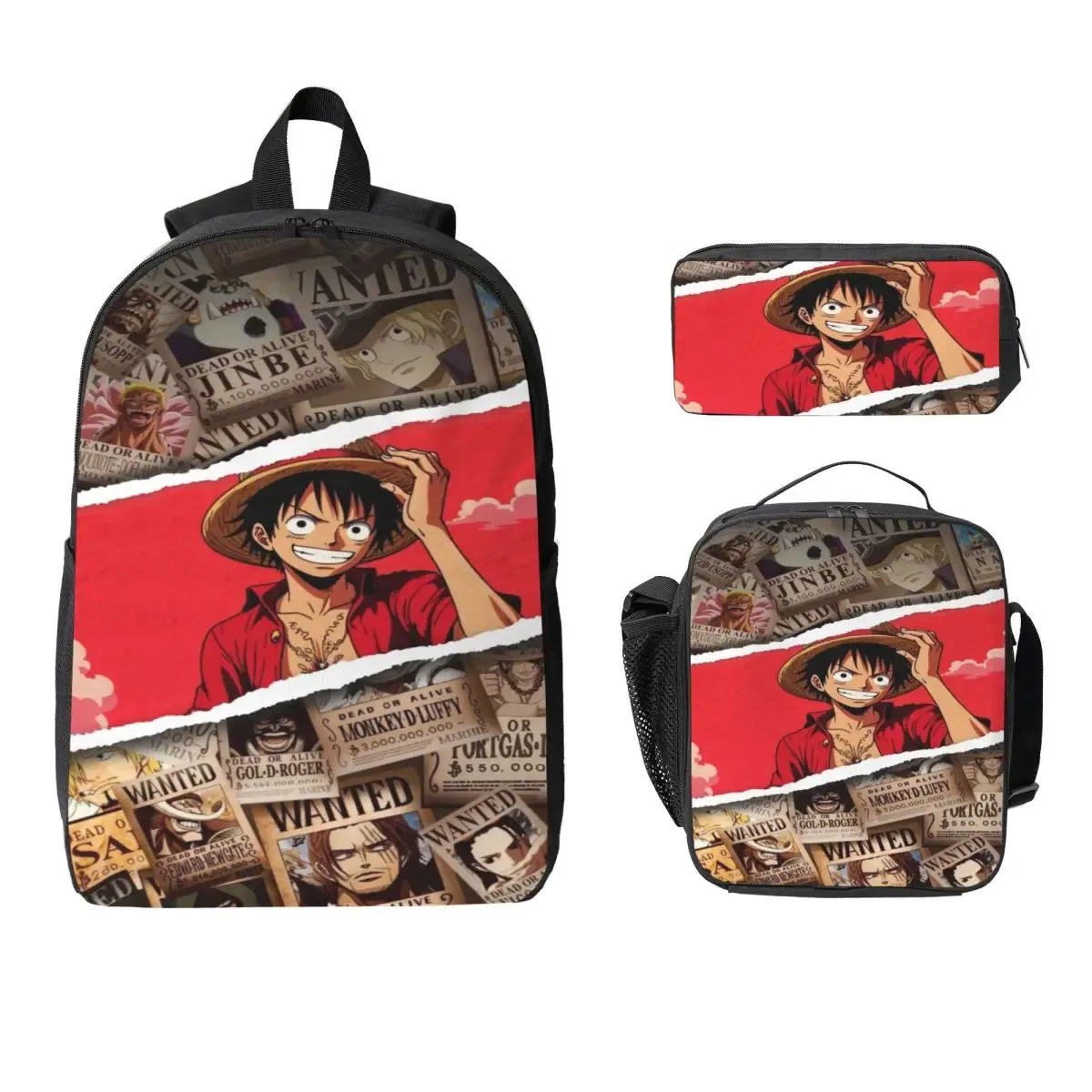 ensemble de 3 sacs à dos luffy one piece pour enfants, avec trousse à crayons, sac à livres et boîte à lunch pour les élèves.