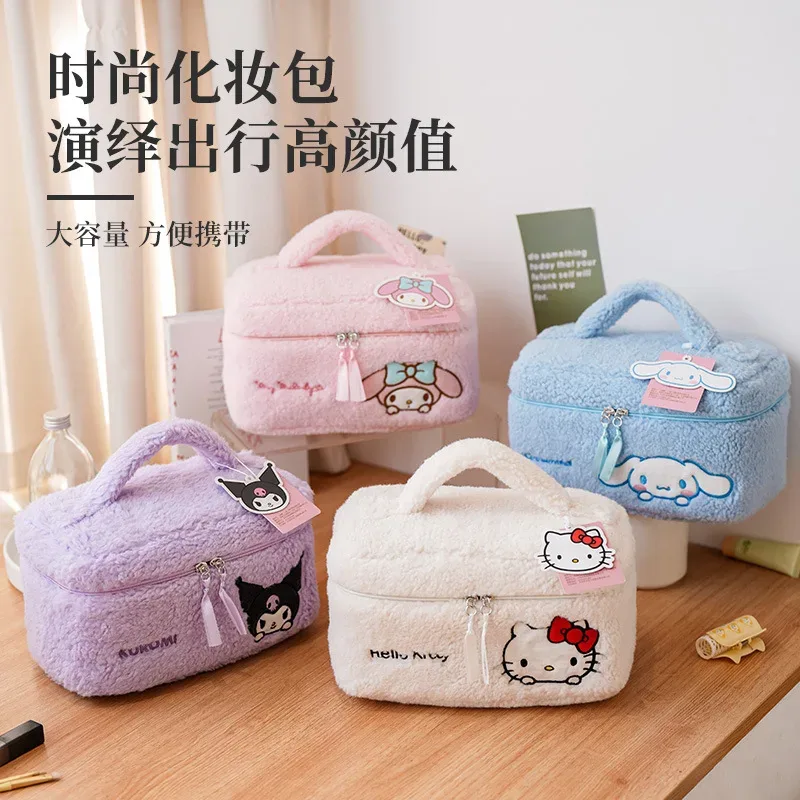 Sac de maquillage en peluche Sanrio, trousse à cosmétiques Hello Kitty, étui à crayons transparent, trousse de toilette de voyage brodée imperméable, pochette de maquillage portable