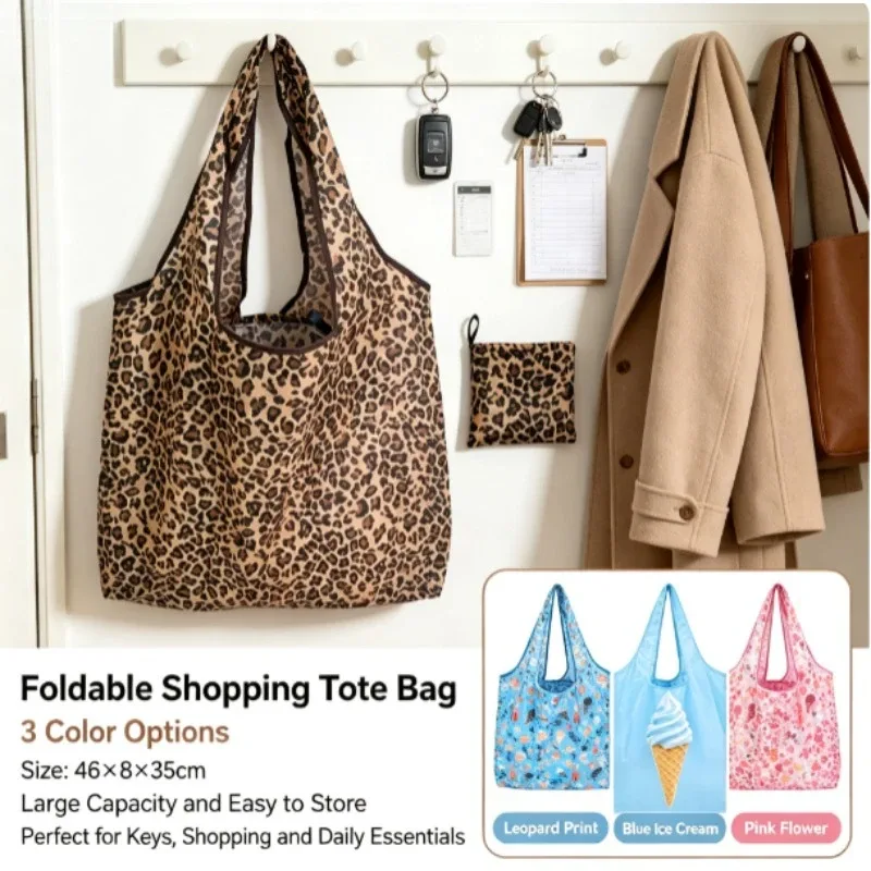 sac de courses pliable en nylon de taille moyenne, sac à main léger et imperméable à porter à l'épaule, sac fourre-tout réutilisable et écologique