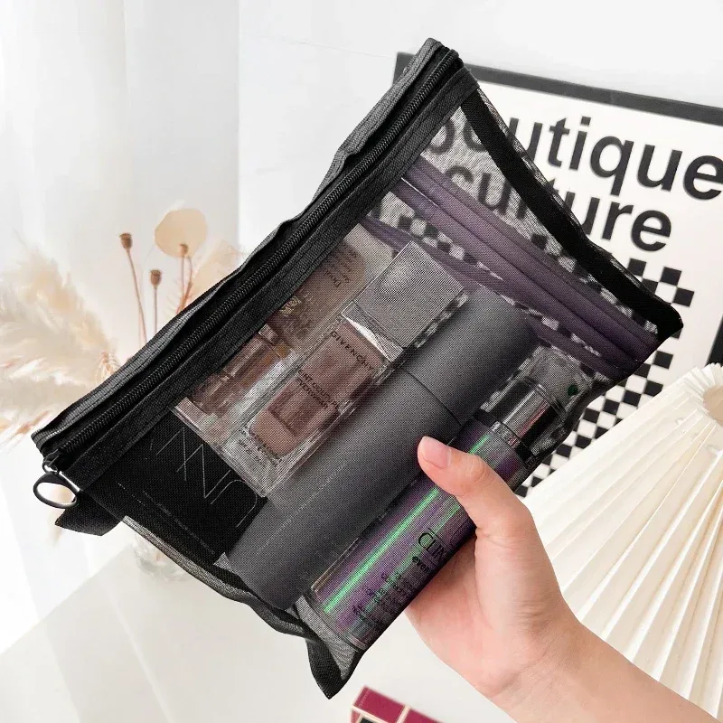 sacs cosmétiques en maille transparente, petits et grands, noirs, trousse de maquillage portable, organiseur de voyage, pochette de rangement pour rouge à lèvres, 1/3 pièces
