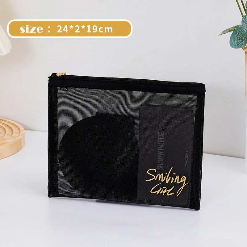 trousse à cosmétiques en maille noire transparente pour femme, trousse de maquillage, petite et grande trousse de toilette, étui de voyage pour pinceaux, 1pc
